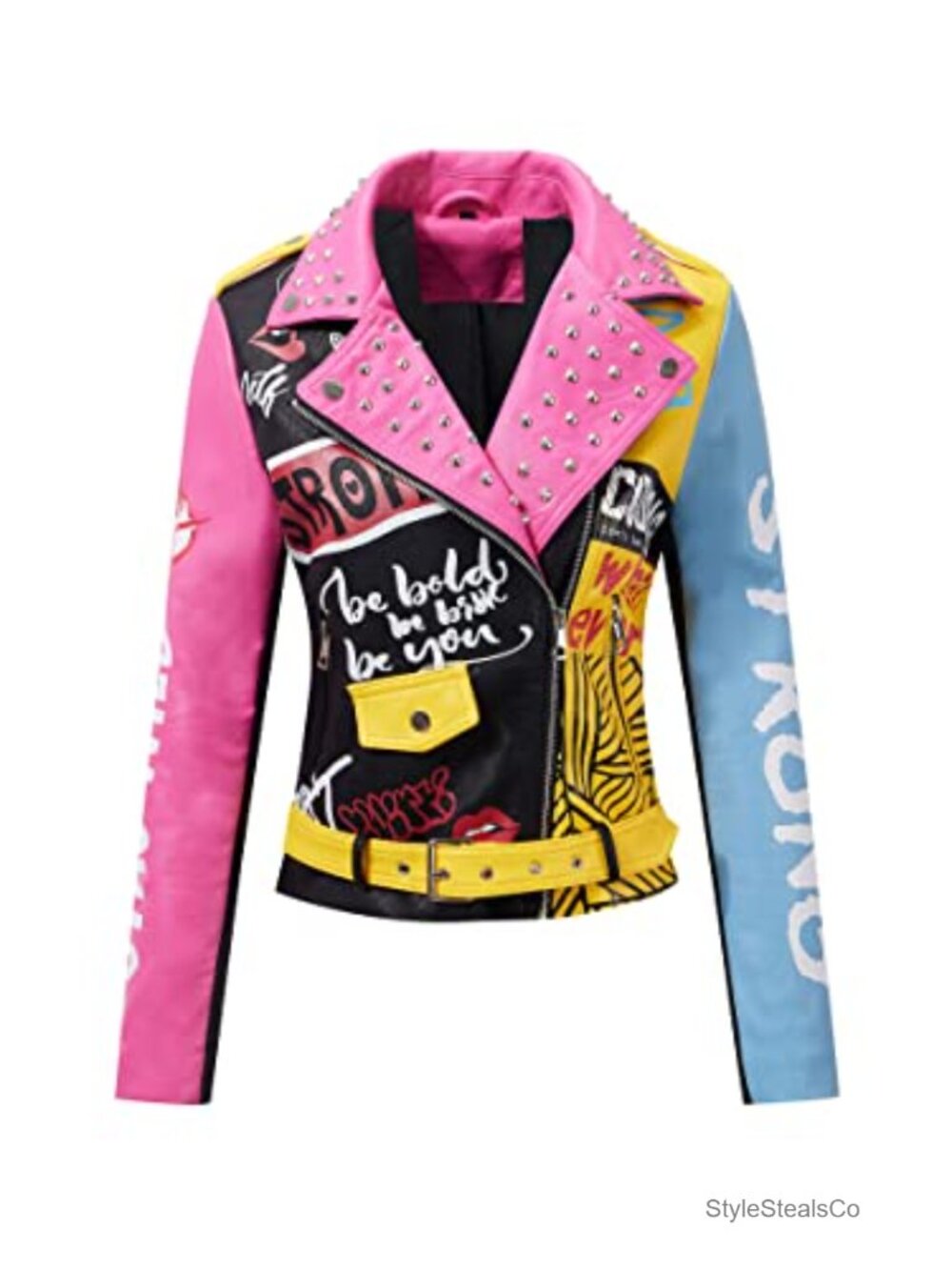 Faux Leather Floral Moto Jacket Women's Slim Fit Studded Biker Coat